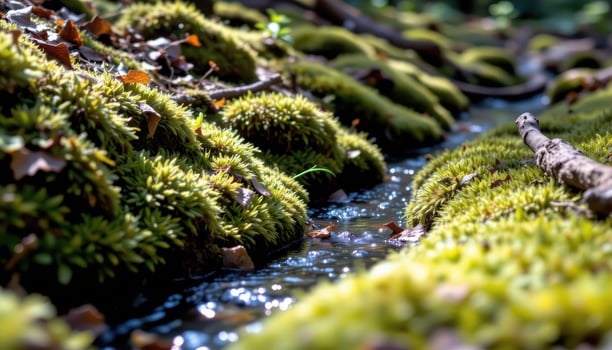 close up view of moss spreading in shadowed nooks along a forest stream. photo