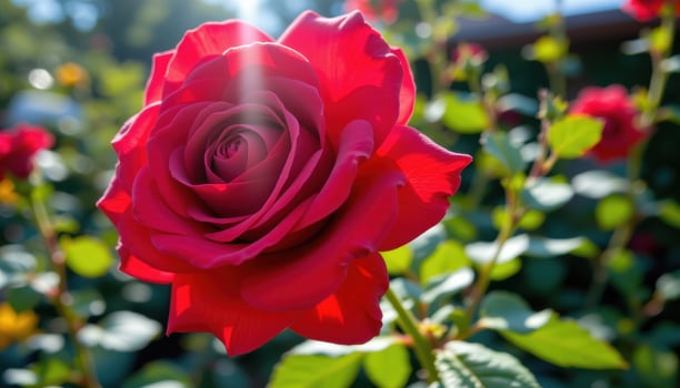 close up view of a vibrant red rose in full bloom with delicate petals layered intricately under soft morning sunlight. photo