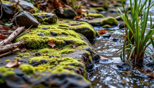 close up view of moss laden rocks along a riverbank surrounded by reeds and roots. photo