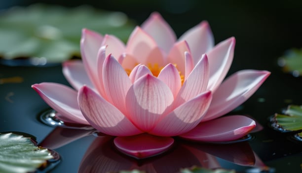 close up view of a lotus flower floating serenely on dark water, its pale pink petals unfurling softly while casting gentle reflections on the surface below. photo