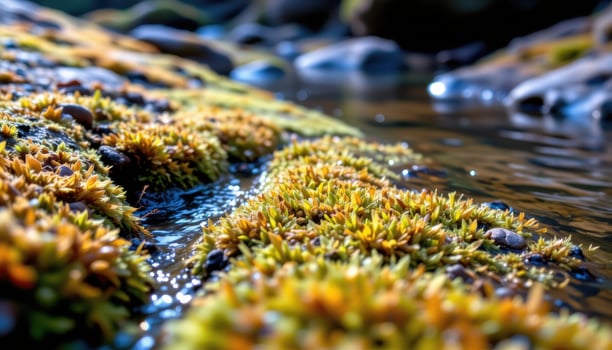close up view of vibrant moss lining a natural spring where moisture clings to every surface. photo