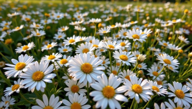 close up view of wild daisies spreading across a grassy field, their white petals and yellow centers glowing in the late afternoon sun. photo