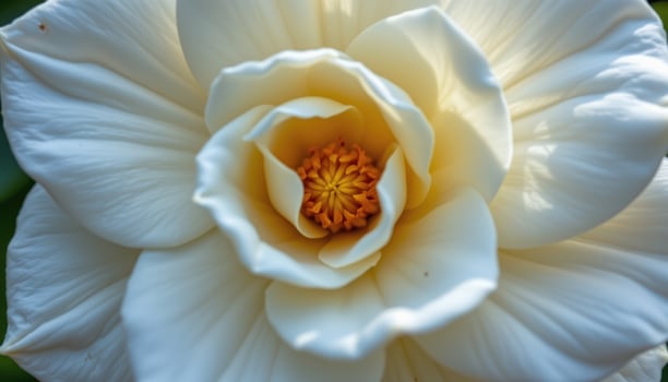 close up view of a blooming white gardenia with thick, creamy petals layered elegantly, their smooth surfaces reflecting subtle natural light. photo