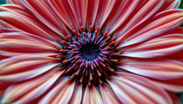 close up view of red zinnia petals radiating perfectly in circular layers, each petal smooth and glossy, capturing natural highlights vividly. photo