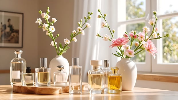 Perfume bottles with flowers decor photo