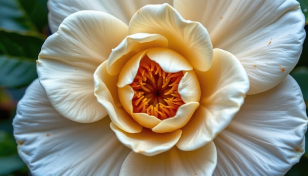 close up view of a camellia bloom, its round rosette shape and waxy texture in full display. photo