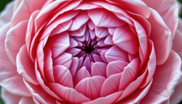 close up view of a pink ranunculus bloom with layers upon layers of paper thin petals forming a soft dome. photo