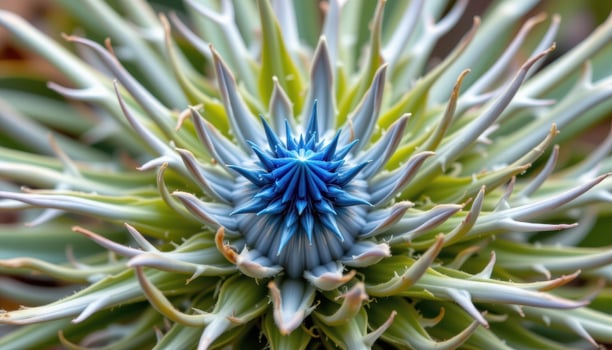 close up view of a sea holly bloom, its spiky metallic blue flower head surrounded by silvery bracts. photo