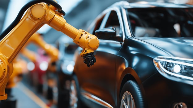 Industrial robot arm working on car manufacturing assembly line in modern automotive factory. Advanced automation technology for precision vehicle production and quality control. photo