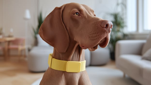 Brown dog wearing yellow warning collar sits calmly in modern living room. Safety collar indicates nervous pet needs space from strangers. Indoor pet training accessory. photo