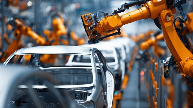 Robotic arms assembling cars on automotive production line in modern factory. Industrial automation technology for efficient vehicle manufacturing and quality control processes. photo
