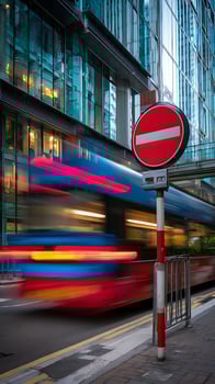 Urban Transportation No Entry Sign and Blurred Bus in City Setting. photo
