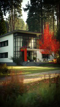 Modernist Architecture House in Autumnal Setting. A stunning architectural photograph of a Bauhaus-style home surrounded by colorful autumn foliage. photo