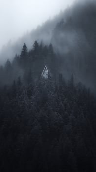 A-Frame Cabin nestled in a Foggy Mountain Forest. photo