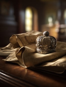 A regal crown rests on aged parchment documents, illuminated by warm light. photo
