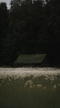 Overgrown Cabin in a Field of Wildflowers at Dusk. A picturesque image of a rustic wooden cabin nestled amongst wildflowers, surrounded by a dark forest. photo