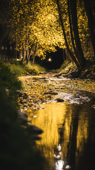 Illuminated Autumn Creek at Night Golden Leaves and Reflections. photo