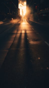 Golden Hour City Street Sunlight Illuminating an Urban Road. photo