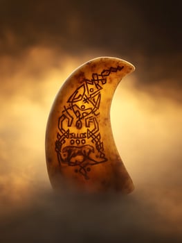 Ancient Artifact Carved Horn with Intricate Design Against a Dramatic Sunset. photo