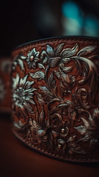 Intricate Floral Design Embossed on Brown Leather. A close up showcasing detailed metalwork. photo