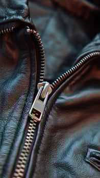 Close up of a Leather Jacket Zipper Detailed Texture and Metal Hardware. photo