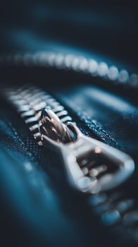 Close Up of a Metal Zipper on Dark Fabric. A Detailed Macro Photograph of a Zipper's Mechanism. photo