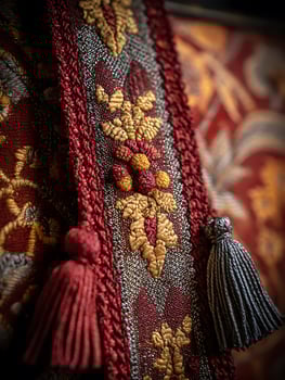Close Up of Richly Embroidered Fabric with Tassels. A detailed image showcasing intricate textile artistry. photo
