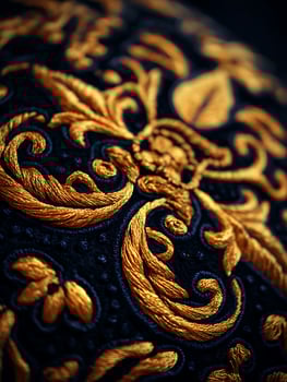 Intricate Gold Embroidery on Dark Fabric Close Up Detail. photo
