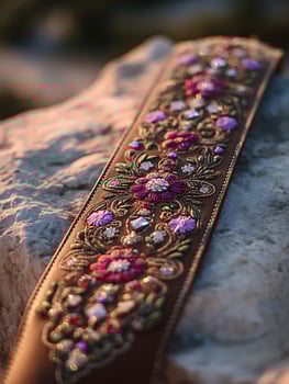 Close up of Exquisitely Embroidered Leather Strap with Floral Design and Crystals. photo