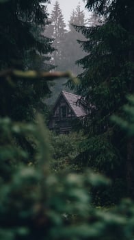 Secluded Cabin Hidden Amongst Evergreen Trees in Misty Forest. photo