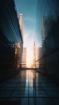 Modern Cityscape Glass Buildings Reflecting Sunset. A low angle view of a city street with tall, modern glass buildings. photo
