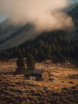 Secluded Mountain Cabin in Misty Sunrise. A tranquil scene of a rustic wooden cabin nestled in a mountain landscape bathed in the soft light of dawn. photo