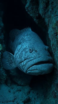 Close Up of a Grouper Fish in a Dark Ocean Cave. A dramatic underwater image showcasing the detailed texture and intense gaze of a large marine fish. photo