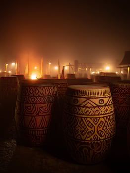 Ornate Drums at Night A Close Up of Tribal Percussion Instruments. photo
