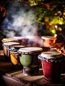 Close up of Colorful Drums with Smoke and Bokeh Lights in the Background. photo