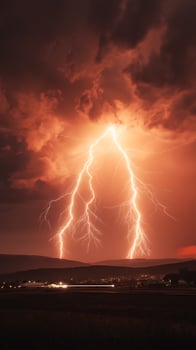 Dramatic Double Lightning Strike over Rural Landscape at Night. A breathtaking image capturing the power of nature during a nighttime thunderstorm. photo