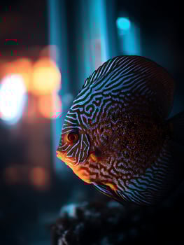 A Stunning Close Up of a Discus Fish in an Aquarium, Illuminated by Vibrant Lights. photo