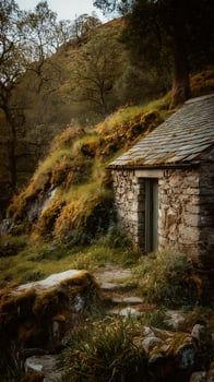 Secluded Stone Cottage on a Mossy Hillside. A picturesque scene of a rustic dwelling nestled in nature. photo
