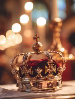 Close up of a Golden Crown with Red Velvet and Gems, Resting on a White Surface. photo
