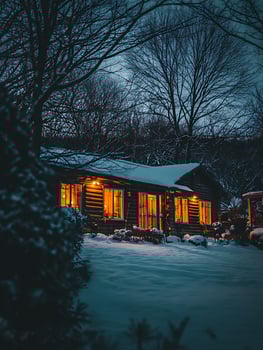 Cozy Cabin in a Winter Wonderland A Nighttime Scene of Warmth and Tranquility. photo