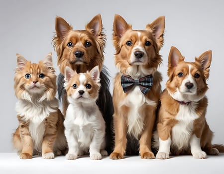 Adorable Family Portrait. A Fluffy Cat and Three Charming Dogs Posing Together photo