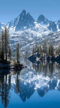 Stunning Reflection of Snow Capped Mountains in a Calm Lake. A serene landscape photograph showcasing the beauty of nature. photo