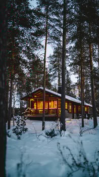 Illuminated Cabin in a Snowy Pine Forest at Dusk. A cozy winter scene perfect for holiday cards or winter travel brochures. photo