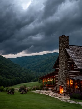 Cozy Log Cabin Retreat in Mountain Valley at Dusk. A picturesque scene of a rustic cabin with a warm fireplace, string lights, and stunning mountain views under a dramatic sky. photo