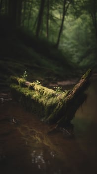 Mossy Log in Forest Stream A Serene Nature Scene. photo
