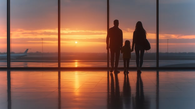 A family stands together by a large window at an airport terminal, watching a vibrant sunset with hues of orange and purple as planes taxi in the background. photo
