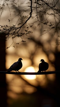 Silhouetted Pigeons at Sunset on a Wire. Two birds perched against a vibrant sunset. photo