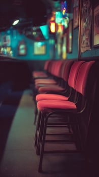 Row of Red Chairs in a Dimly Lit Bar, Close Up. Awaiting Patrons. photo