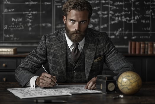 A handsome, bearded, middle-aged scientist sits at a table and holds a pen in his right hand. Behind him is a board with formulas. photo