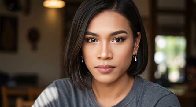 Confident young woman with short dark hair and natural makeup looking at camera photo